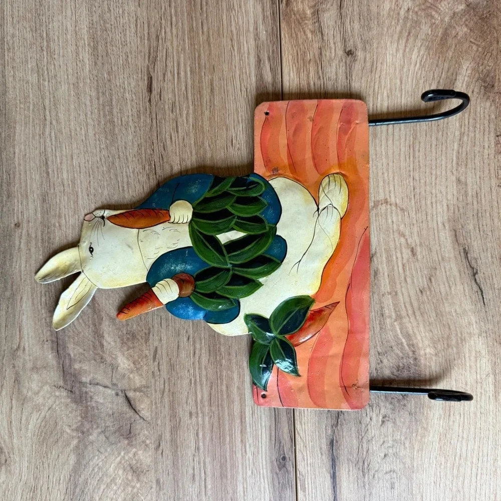 Enamel toleware Metal Rabbit Wall Hook Bunny with Carrots Folk Art Decor 12x8